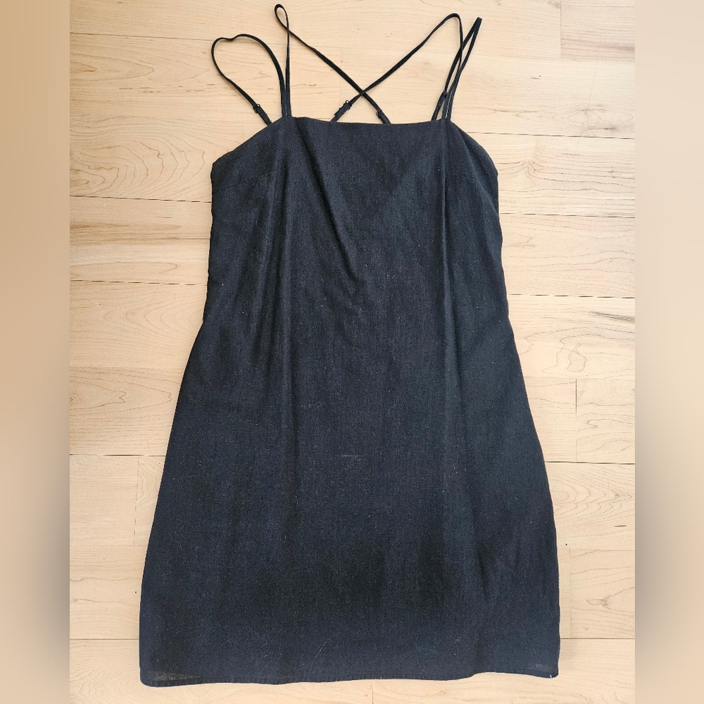 Linen Blend Mini Black Dress